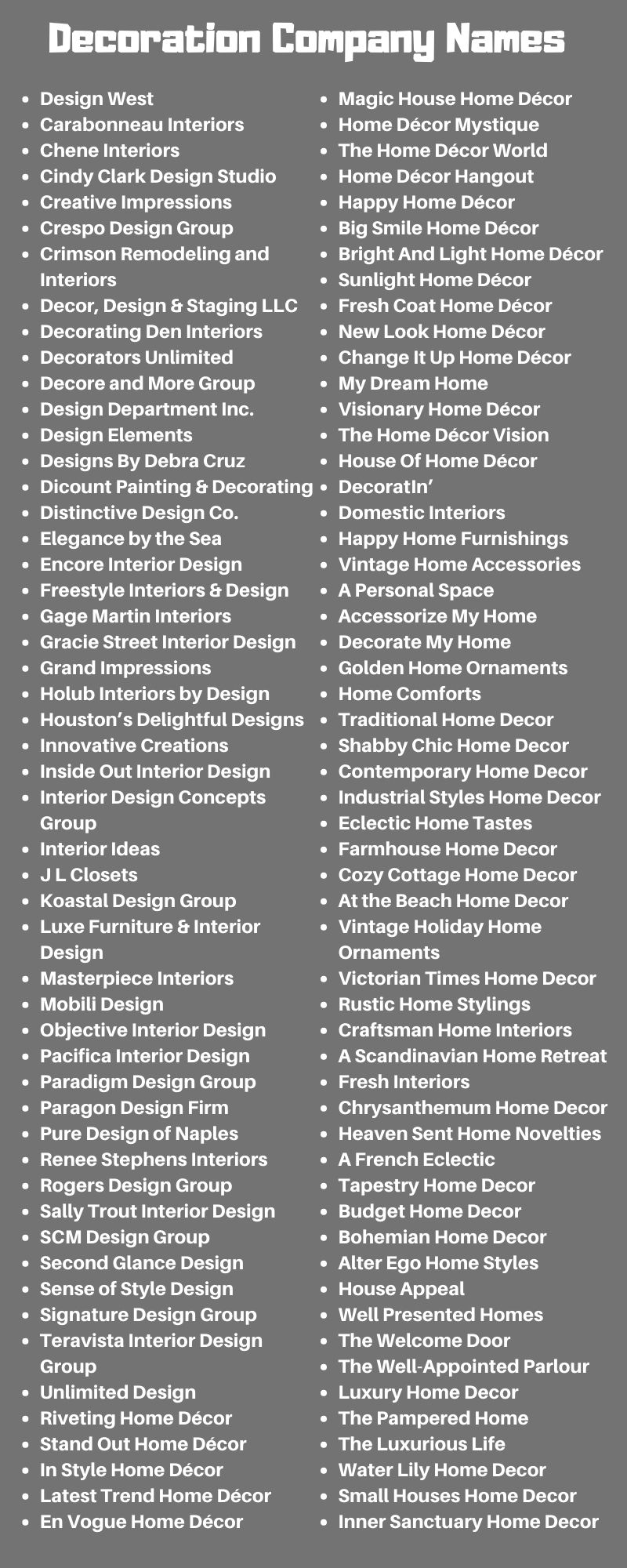 700 Decoration Company Names Ideas To Pick From