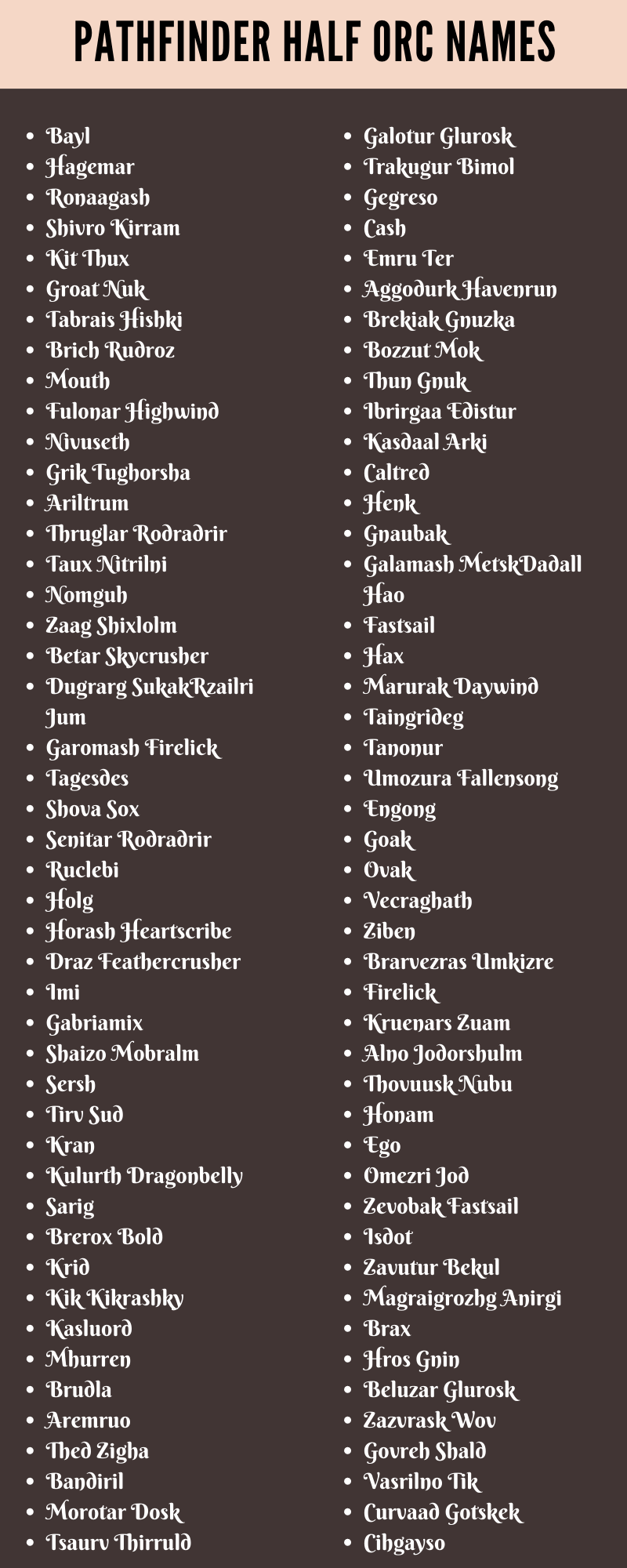 Pathfinder Half Orc Names