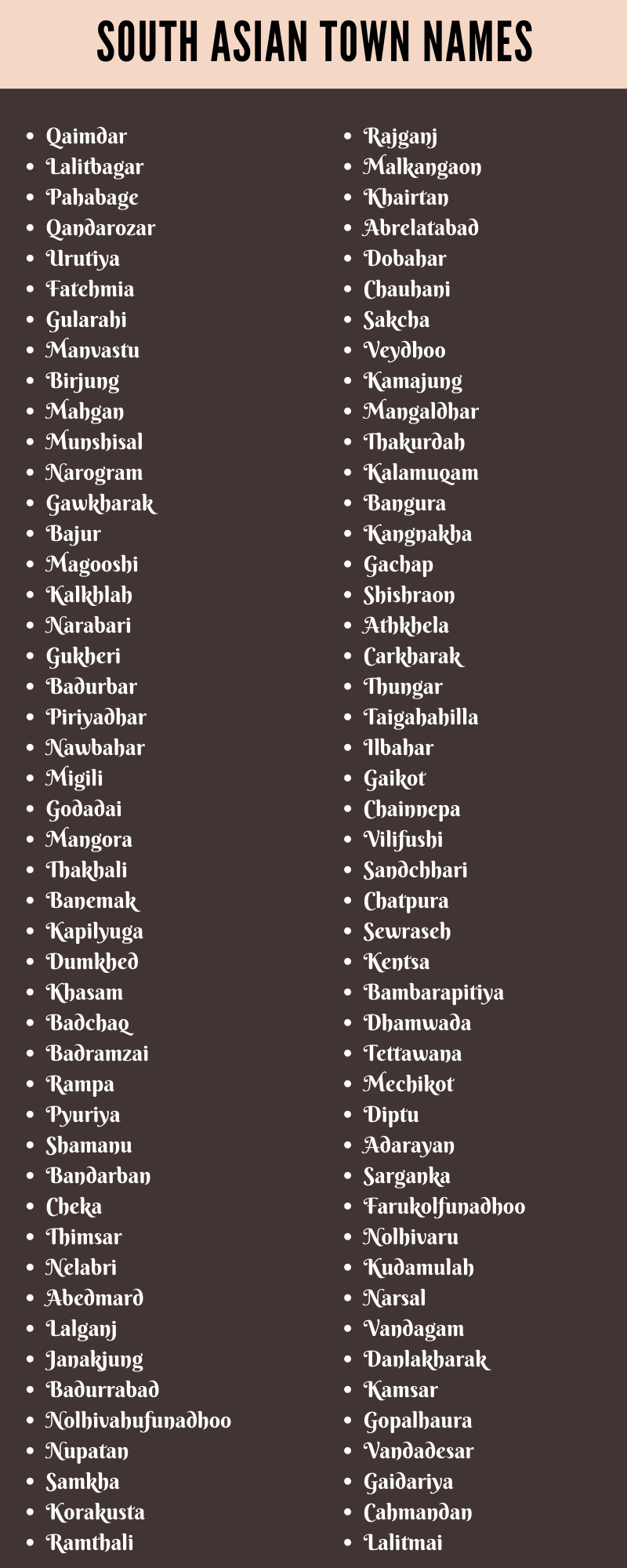 South Asian Town Names