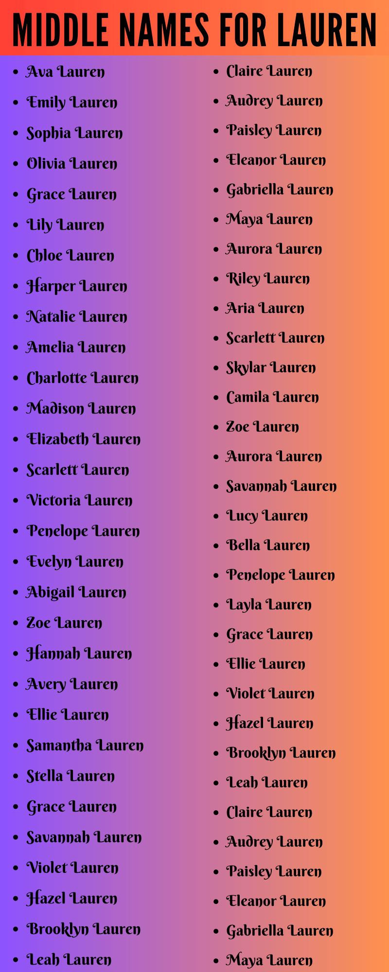 400 Unique Middle Names For Lauren