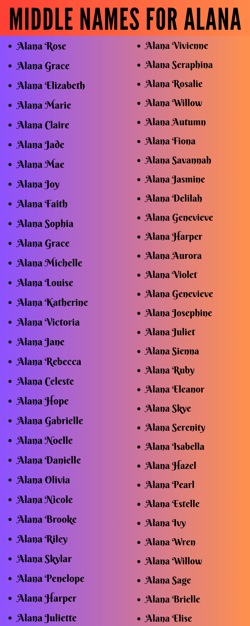 400 Best Middle Names For Alana