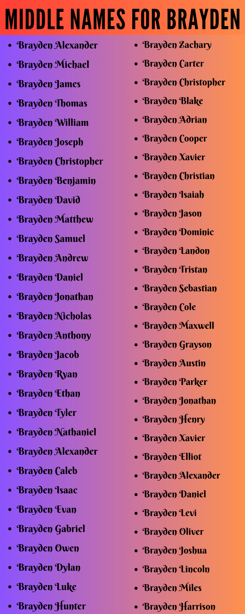 400 Unique Middle Names For Brayden