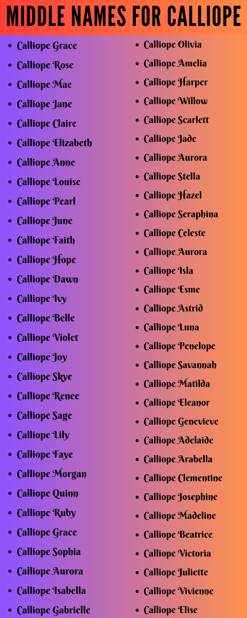 400 Unique Middle Names For Calliope