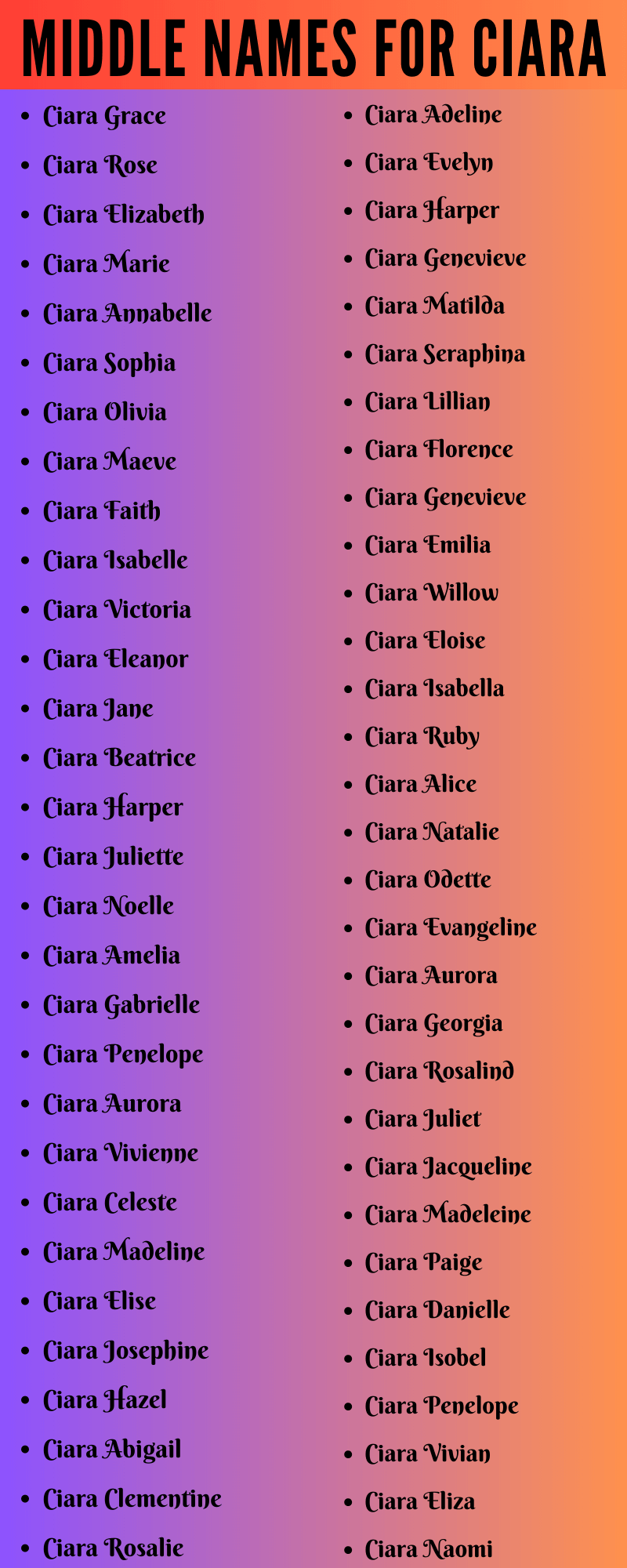 400 Best Middle Names For Ciara