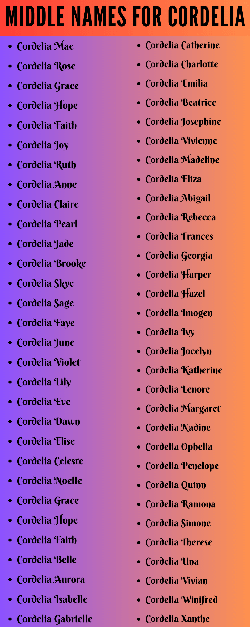 400 Creative Middle Names For Cordelia