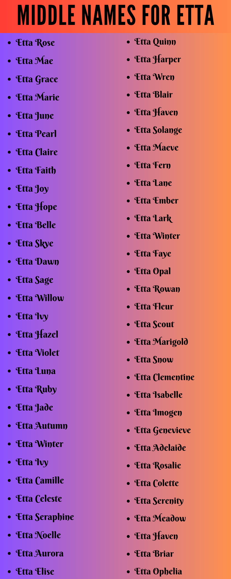 400 Unique Middle Names For Etta