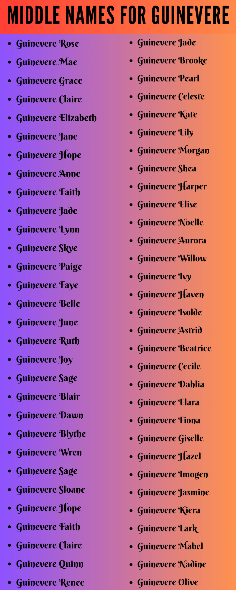 400 Unique Middle Names For Guinevere