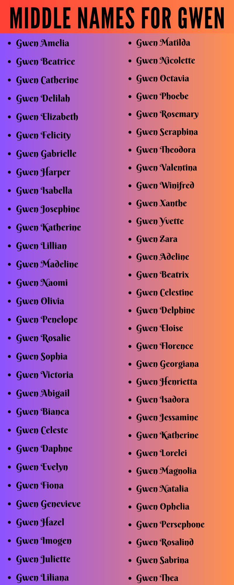 400 Creative Middle Names For Gwen