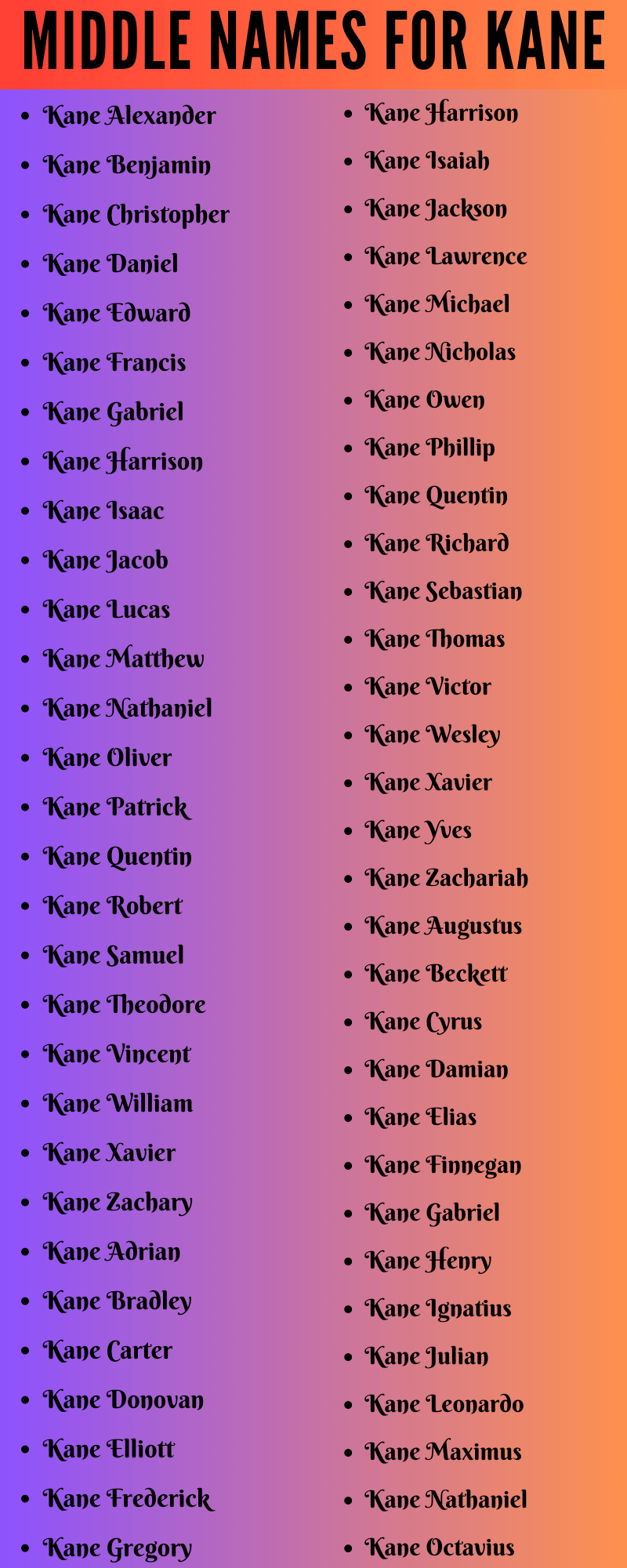 400 Best Middle Names For Kane