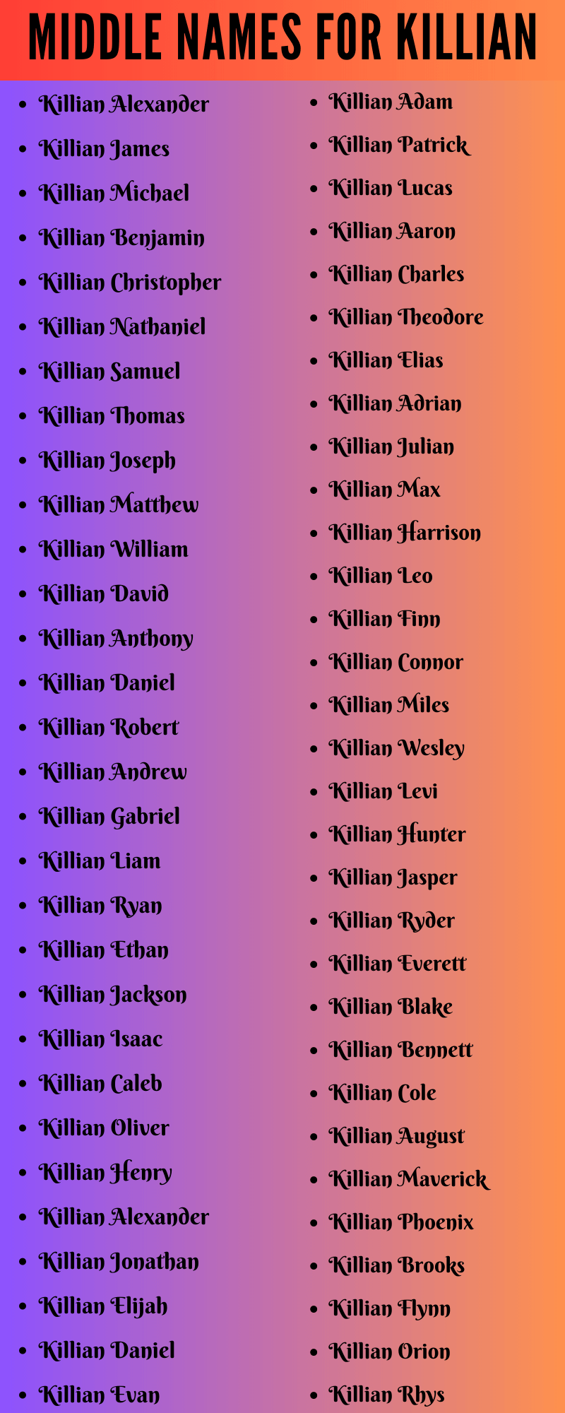 400 Cute Middle Names For Killian