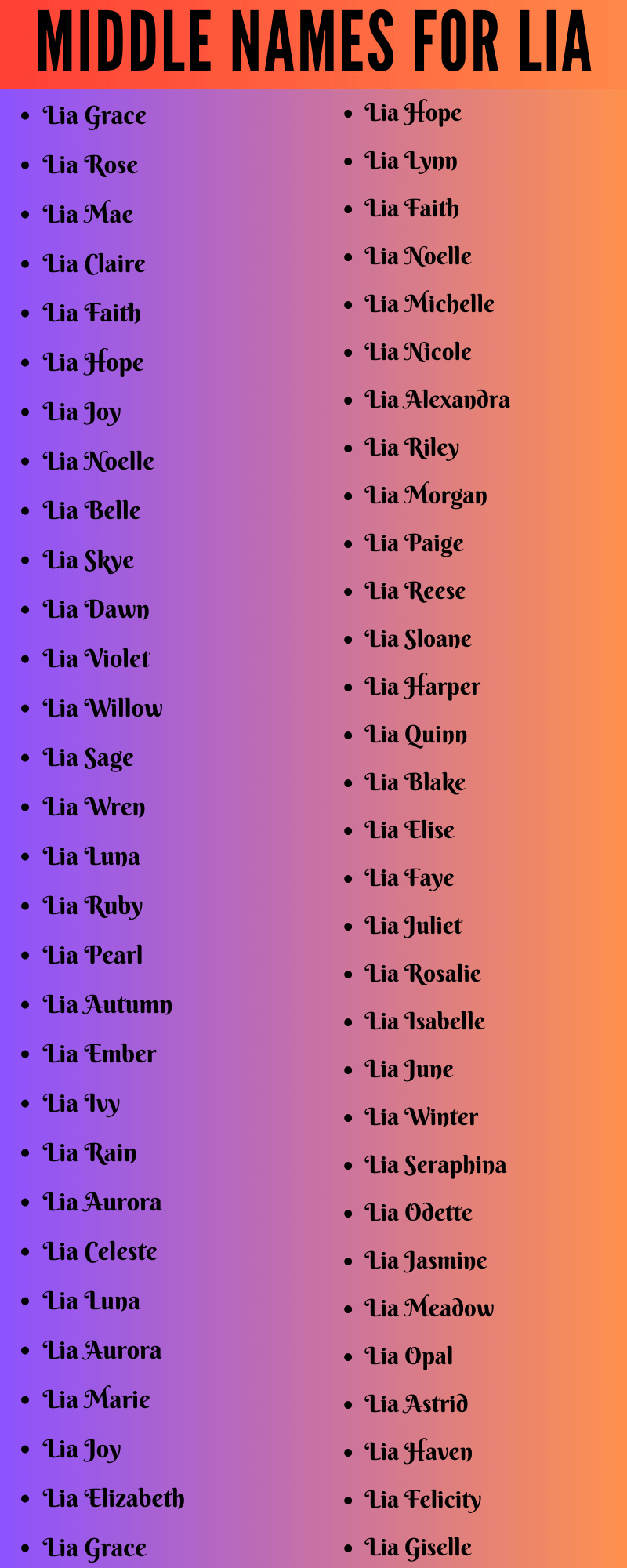 400 Unique Middle Names For Lia