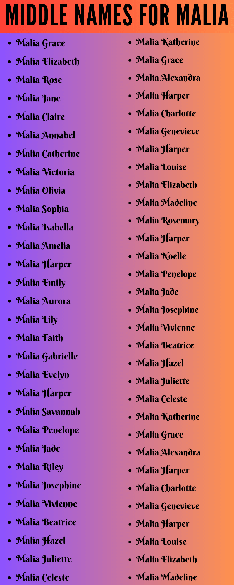 400 Creative Middle Names For Malia