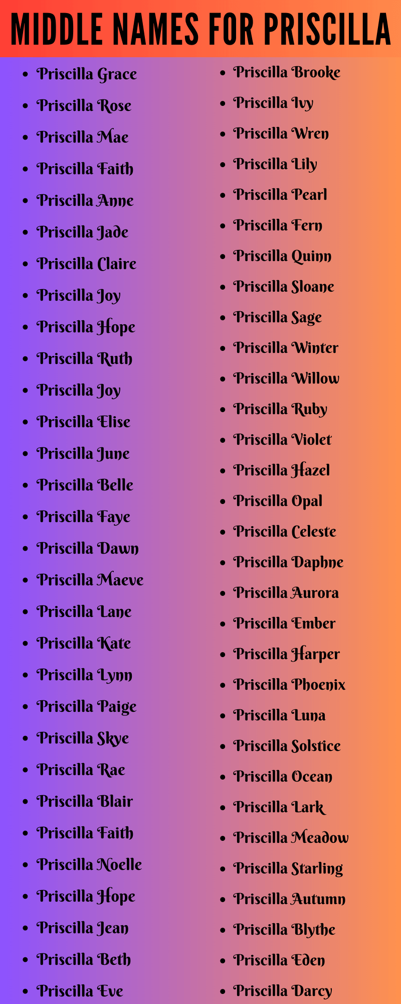 400 Creative Middle Names For Priscilla