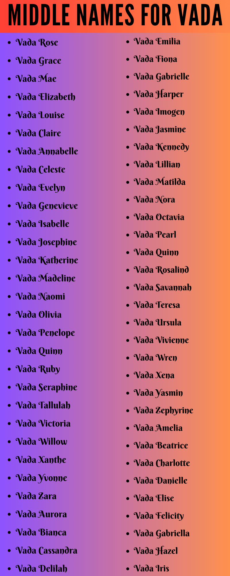 400 Unique Middle Names For Vada