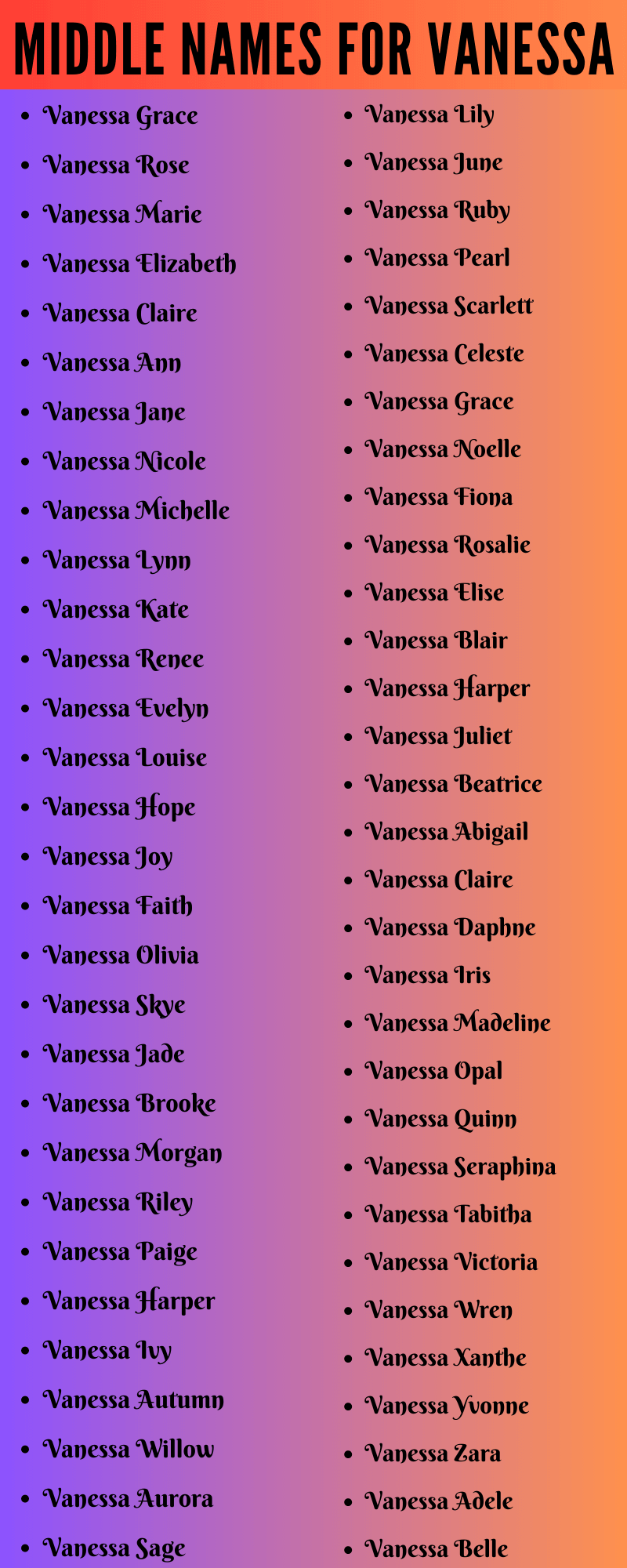 400 Unique Middle Names For Vanessa