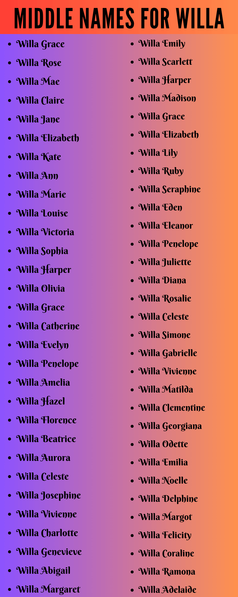 400 Cute Middle Names For Willa