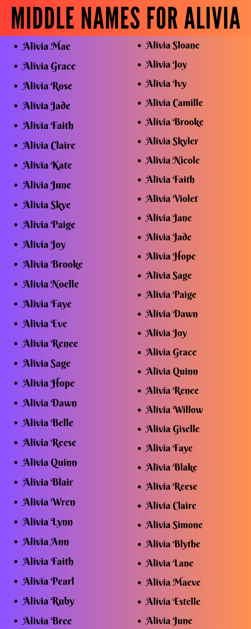400 Cute Middle Names For Alivia