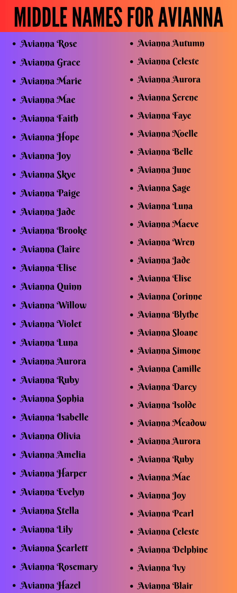 400 Middle Names For Avianna