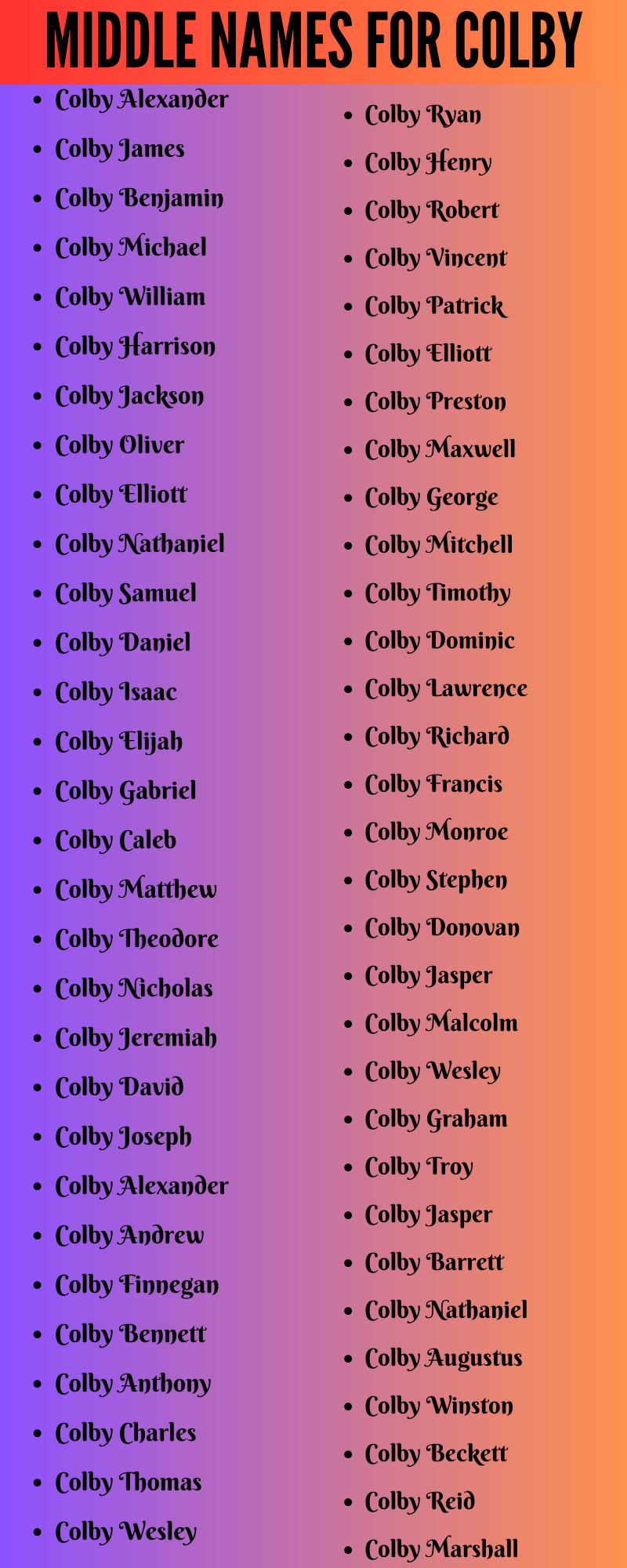 400 Cute Middle Names For Colby