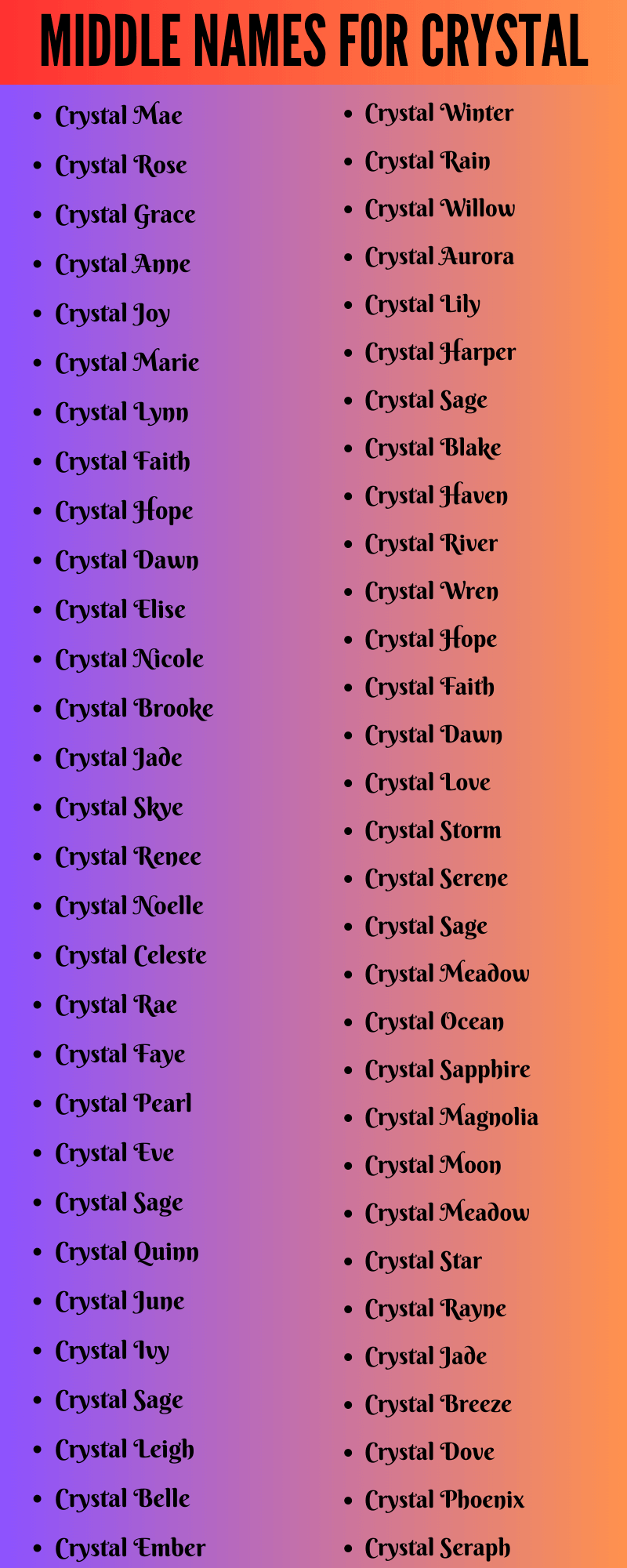 400 Cute Middle Names For Crystal