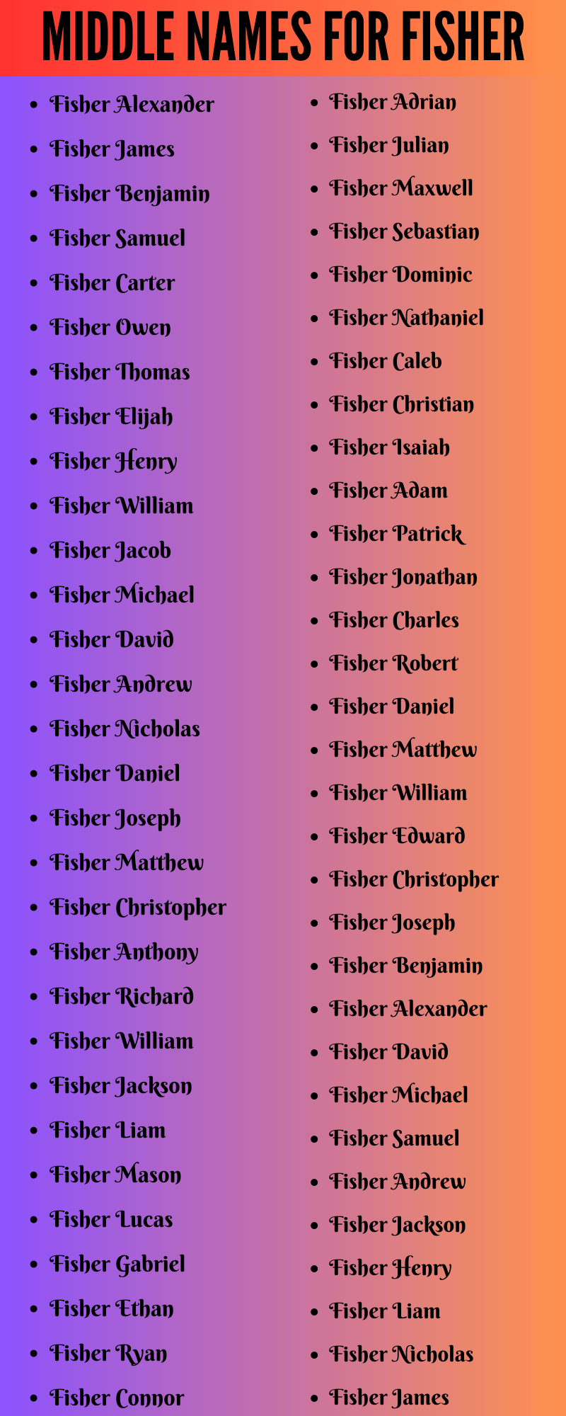 400 Cute Middle Names For Fisher