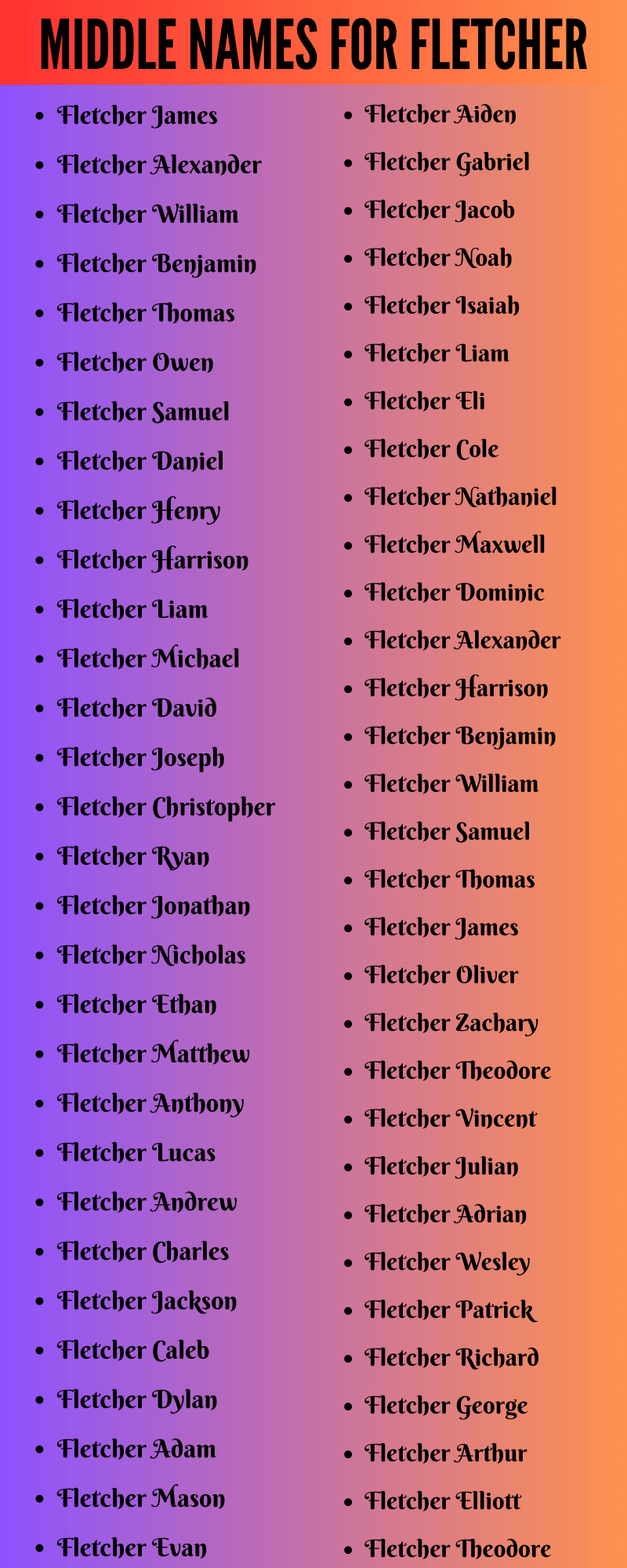 400 Cute Middle Names For Fletcher