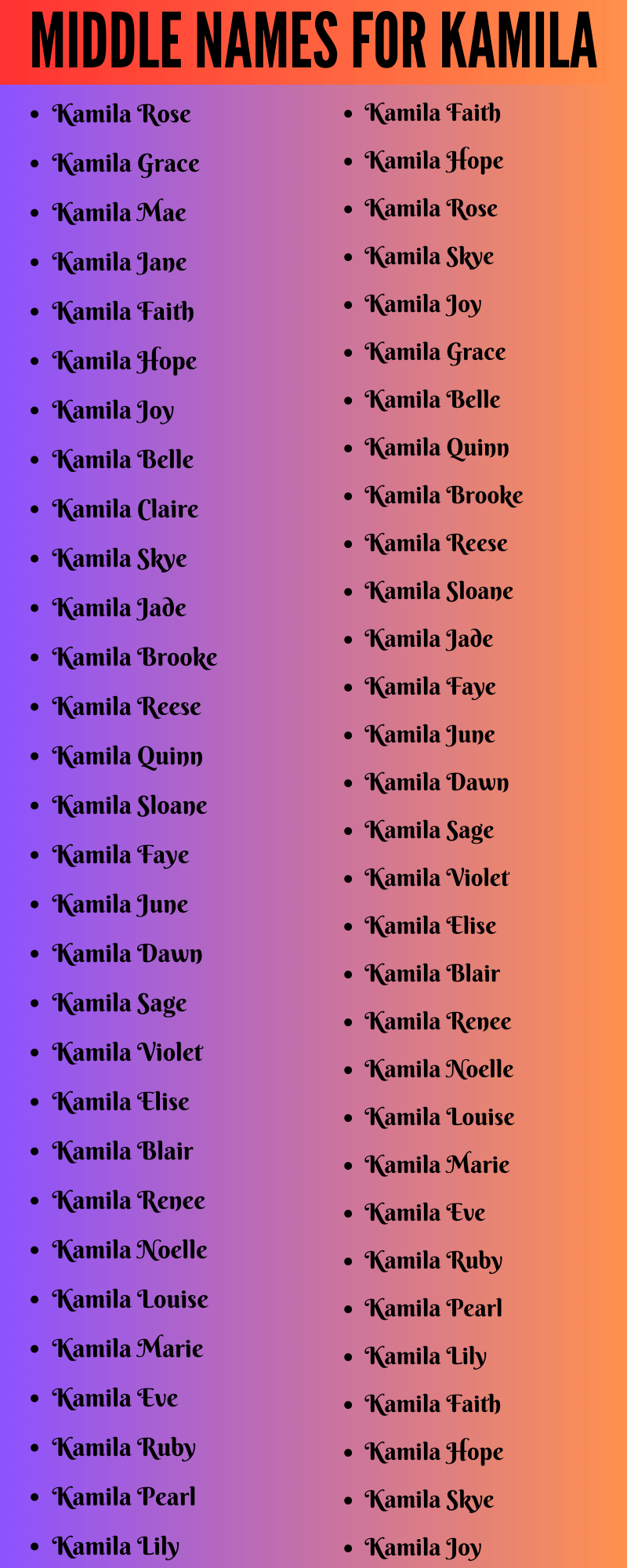 400 Cute Middle Names For Kamila
