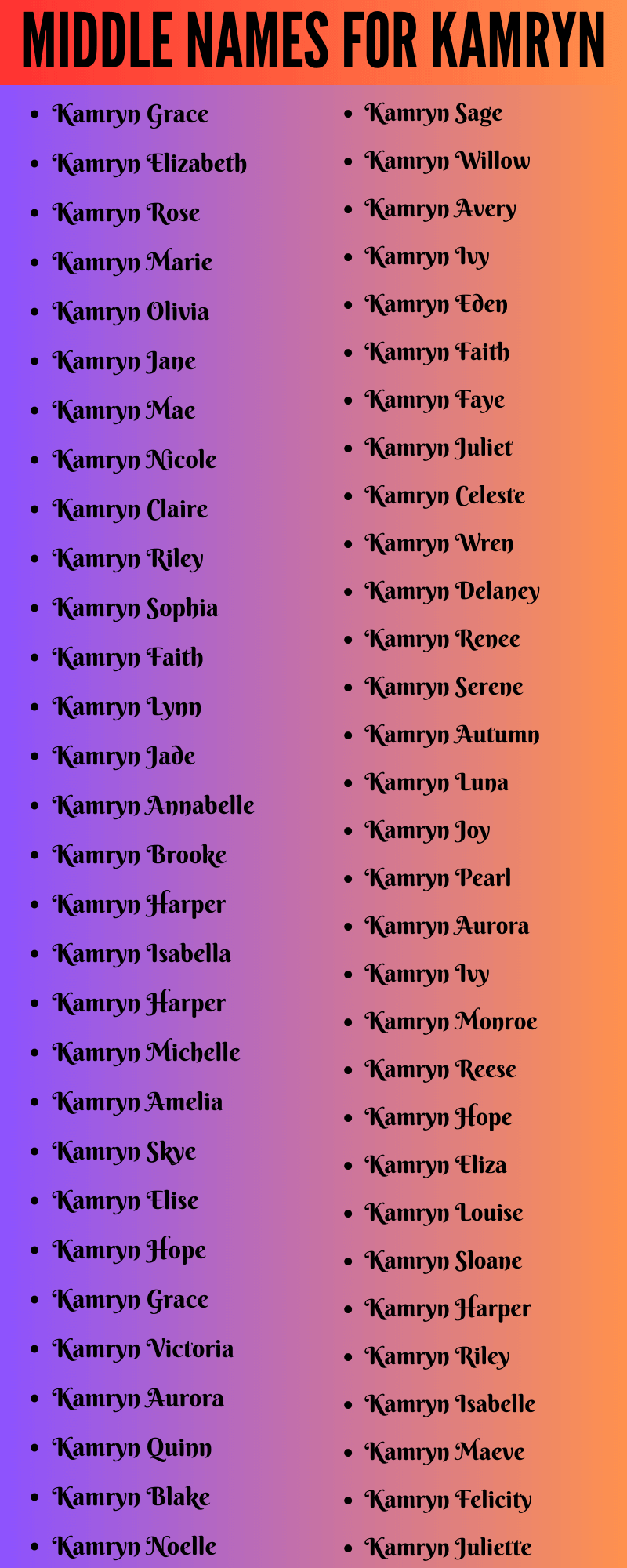 400 Cute Middle Names For Kamryn