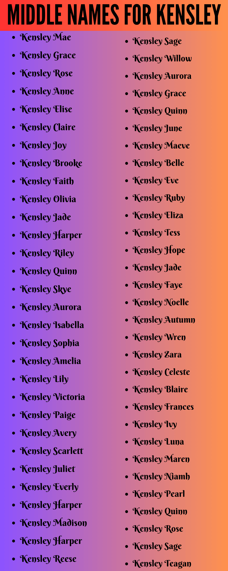 400 Cute Middle Names For Kensley