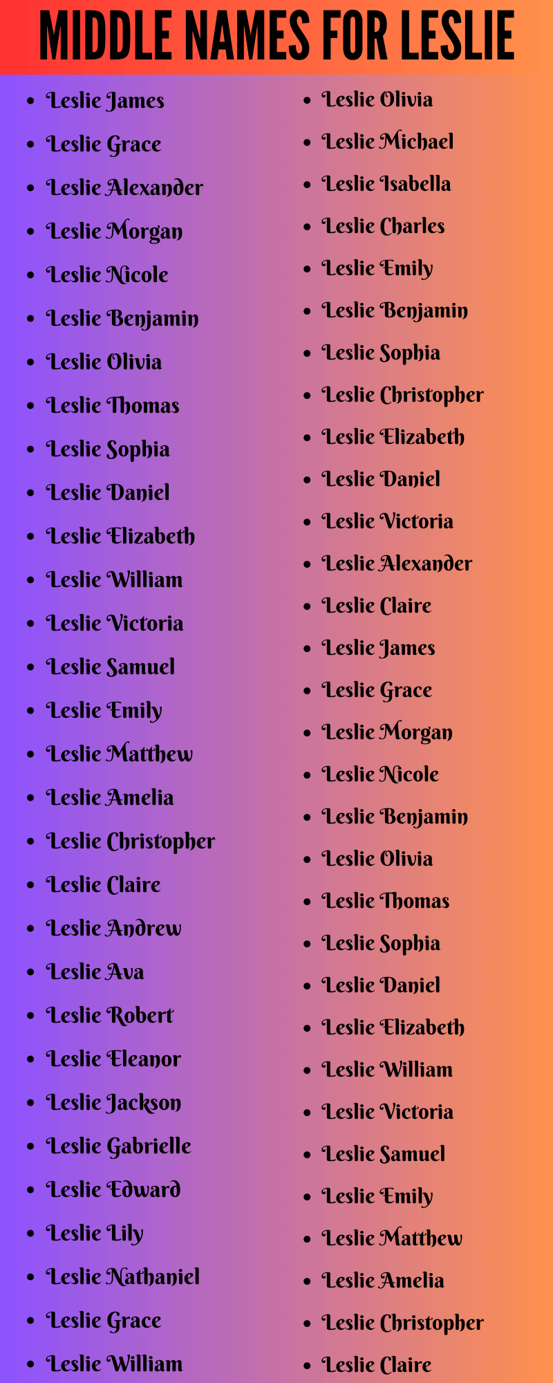 400 Unique Middle Names For Leslie