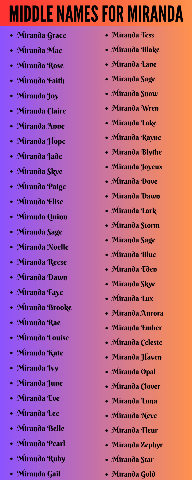 400 Unique Middle Names For Miranda