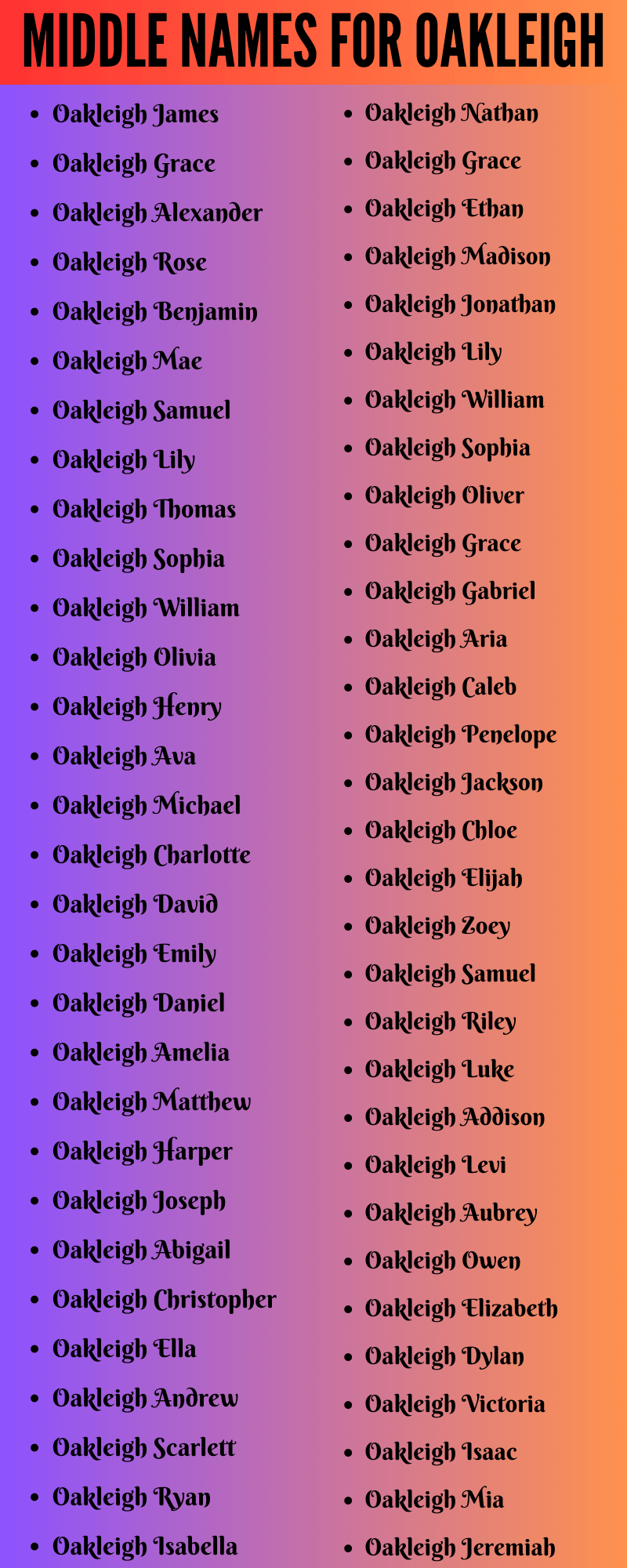 400 Amazing Middle Names For Oakleigh