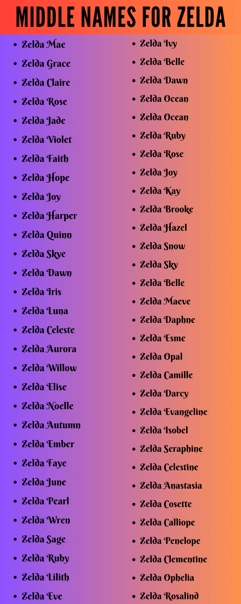 400 Cute Middle Names For Zelda