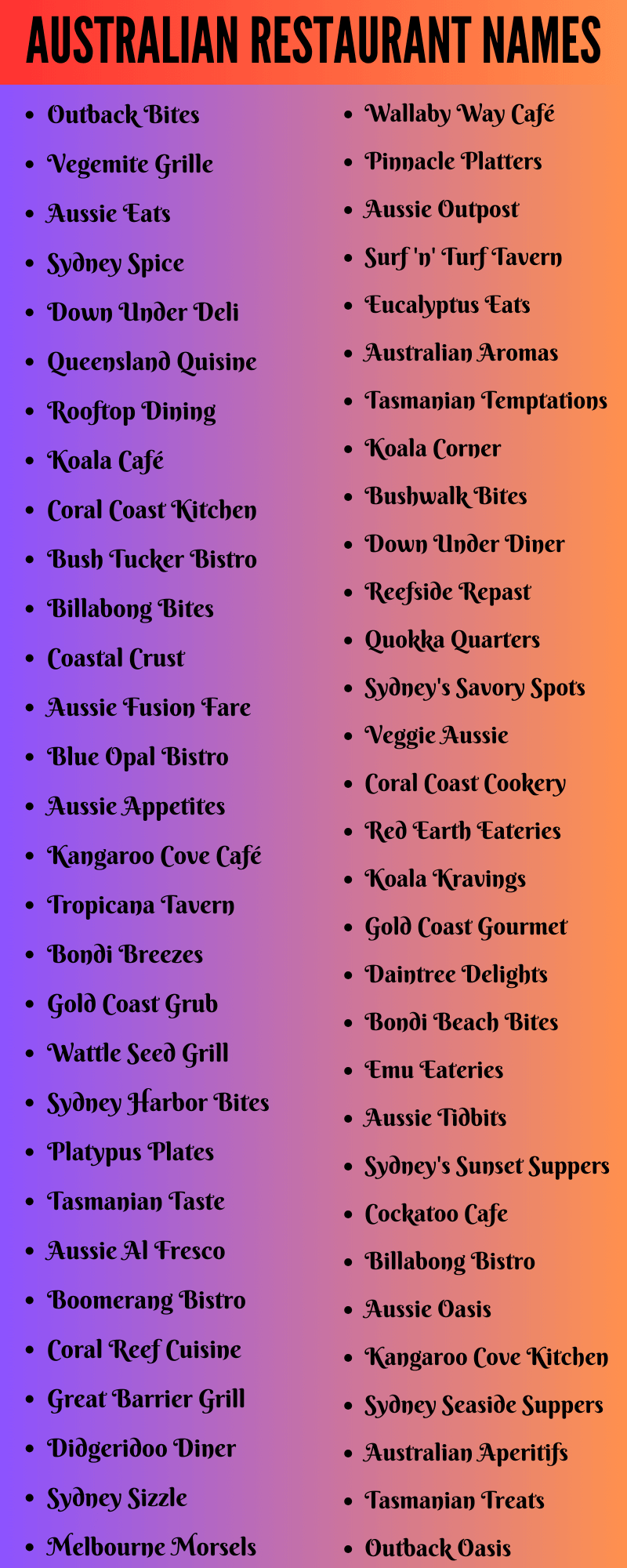 Australian Restaurant Names