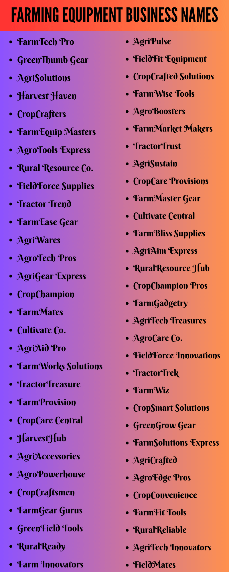 Farming Equipment Business Names