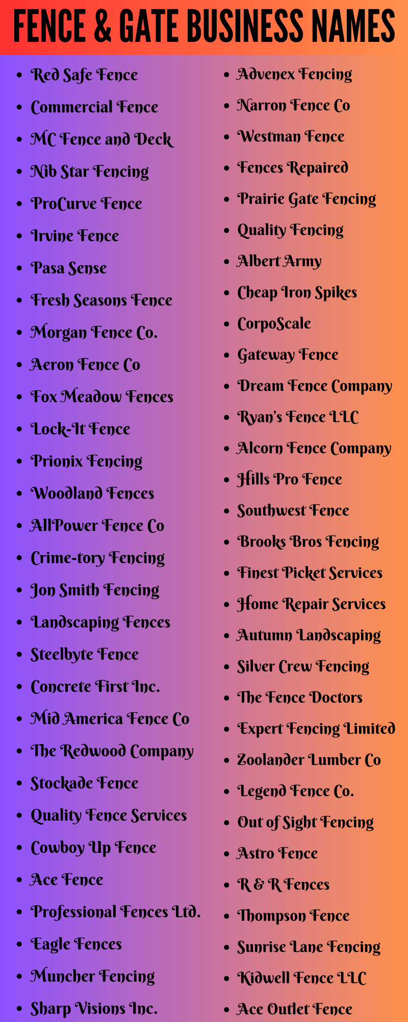 Fence & Gate Business Names