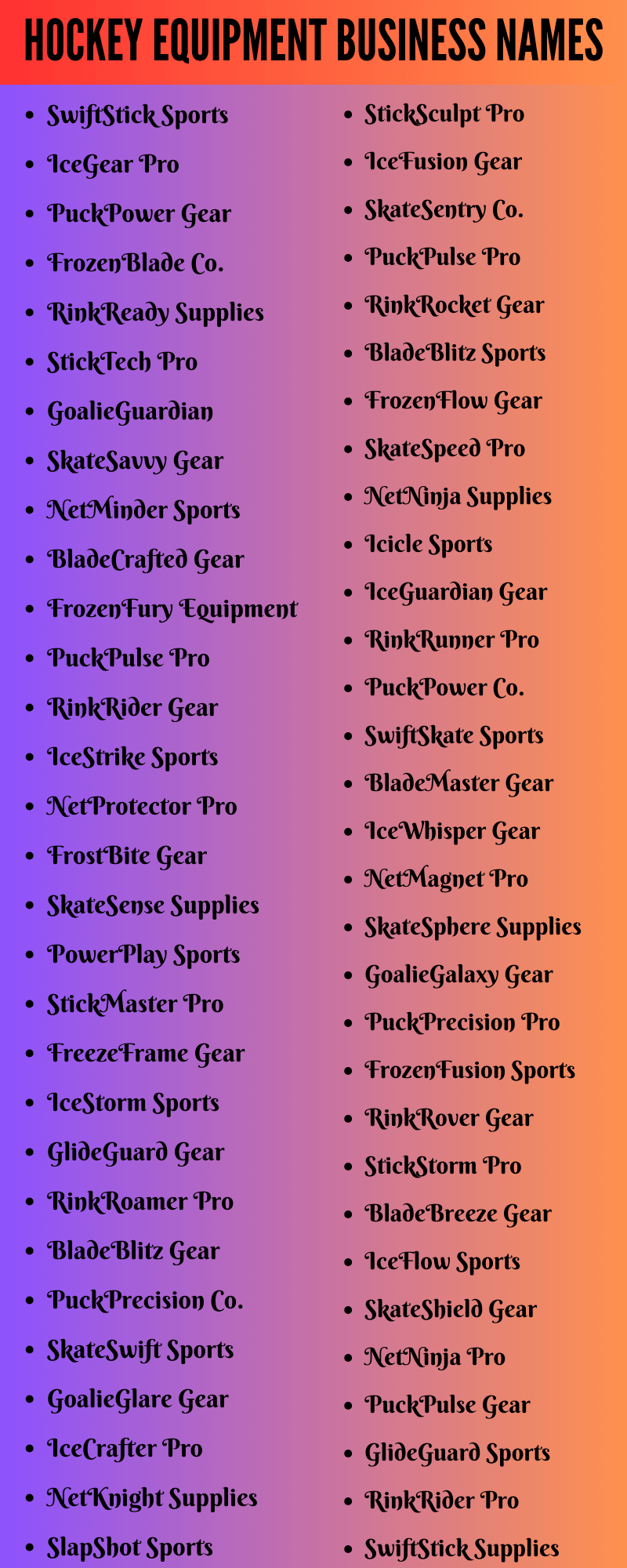 Hockey Equipment Business Names