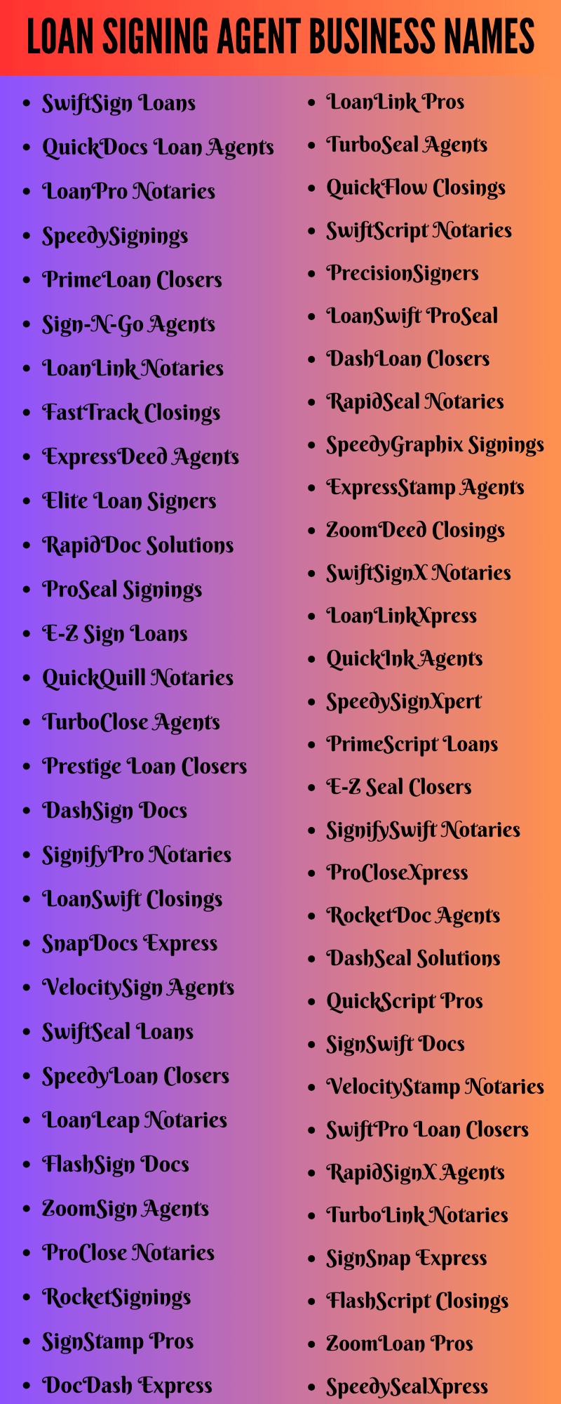 Loan Signing Agent Business Names