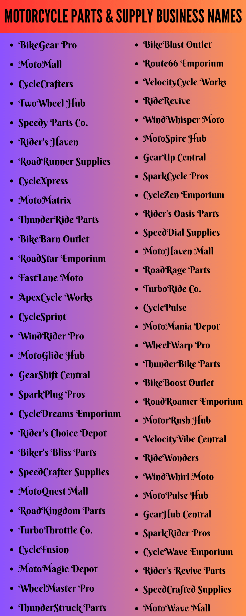 Motorcycle Parts & Supply Business Names