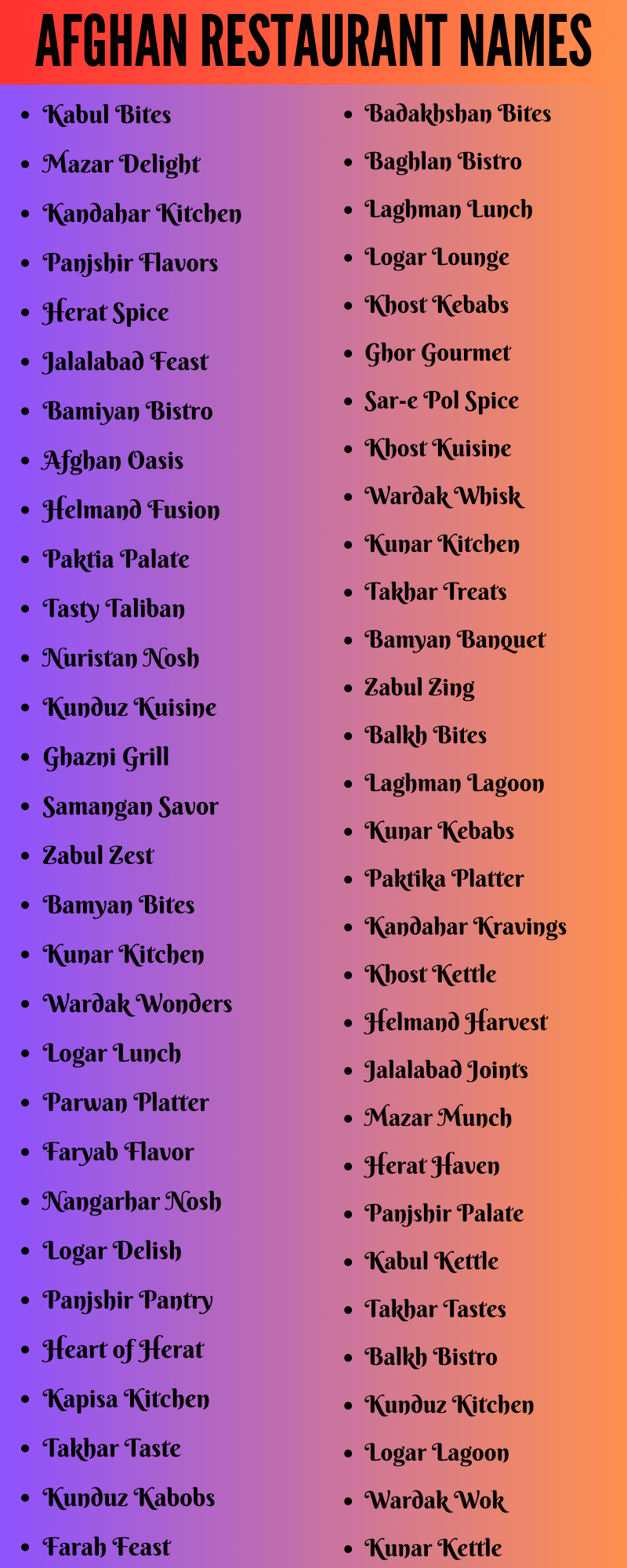 Afghan Restaurant Names