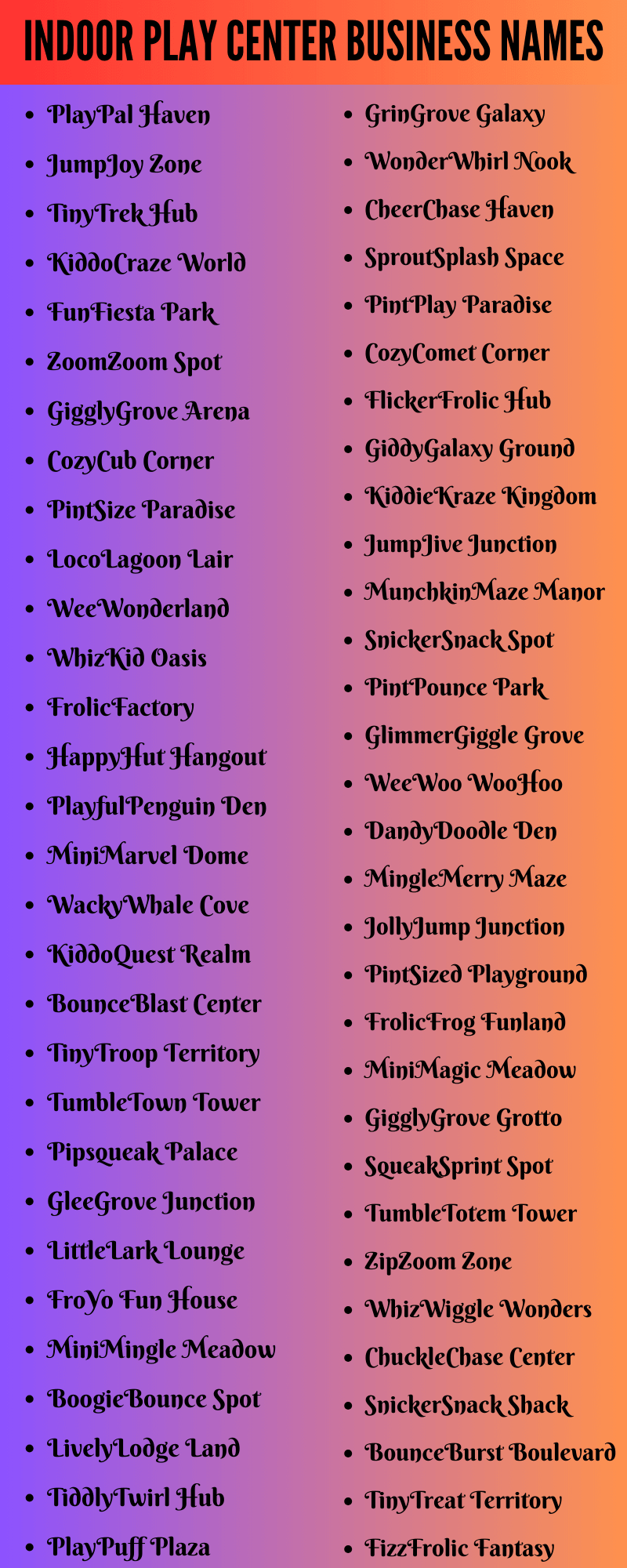 Indoor Play Center Business Names