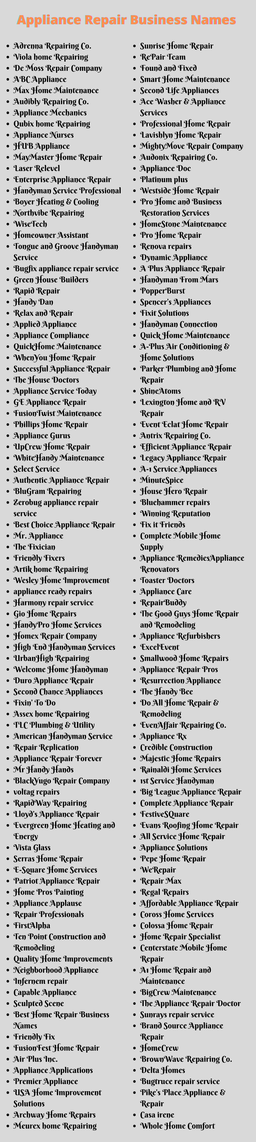 Appliance Repair Business Names