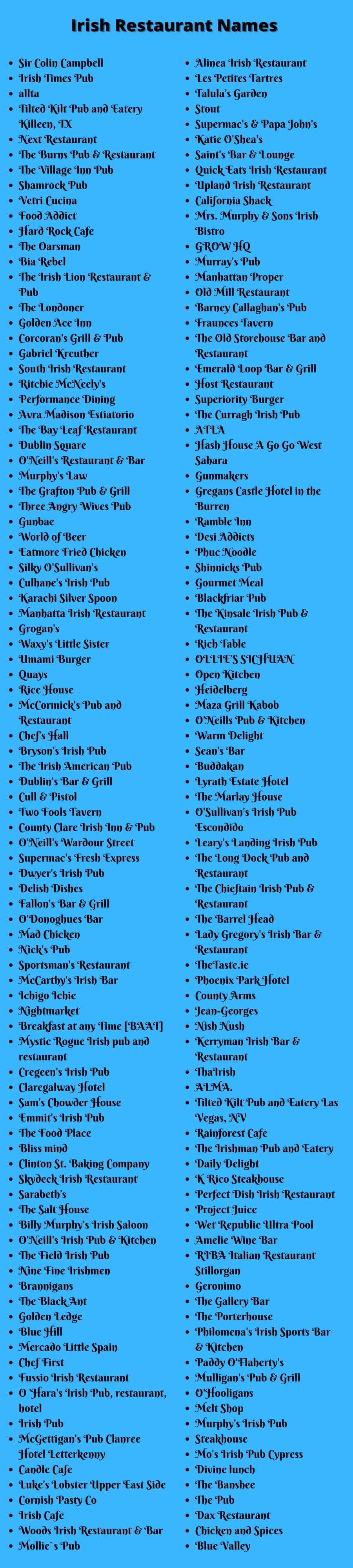Irish Restaurant Names