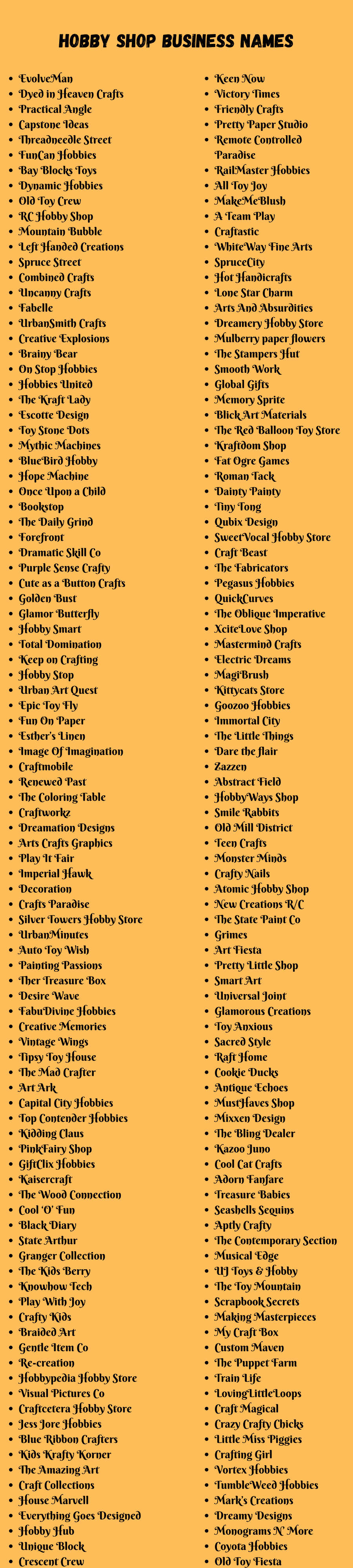 Hobby Shop Business Names