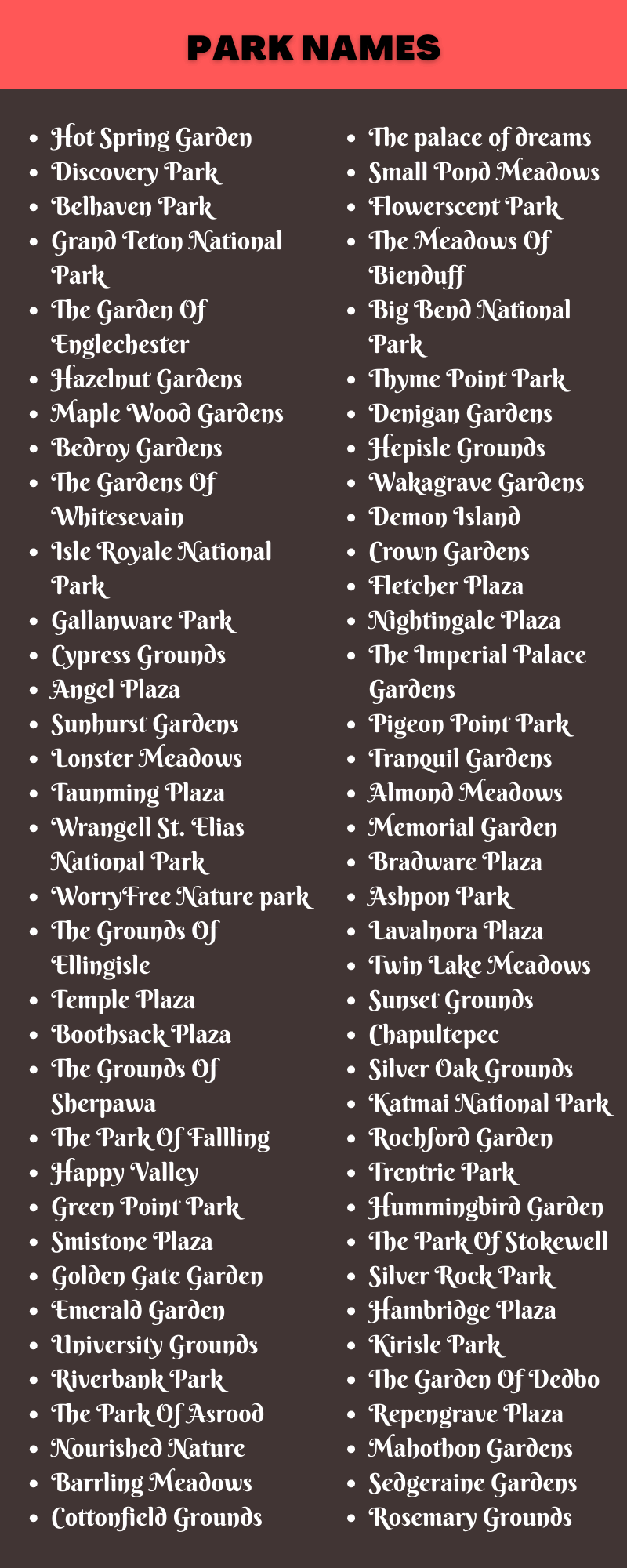 400 Inspiring Park Names Ideas and Suggestions