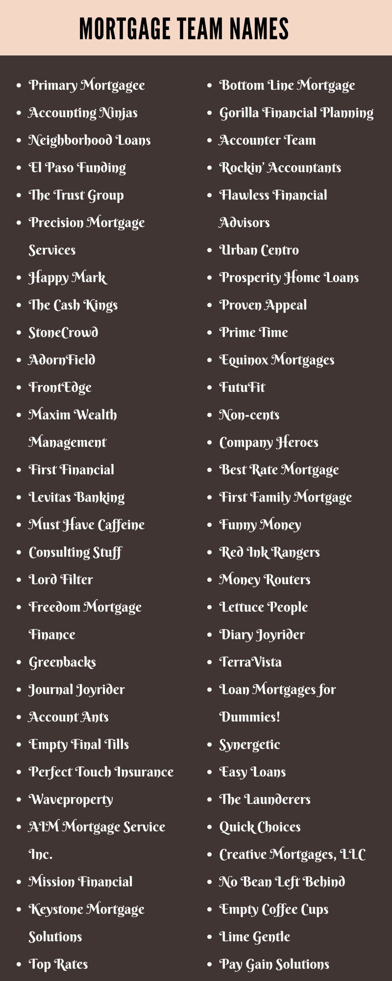 400 Mortgage Team Names Ideas and Suggestions